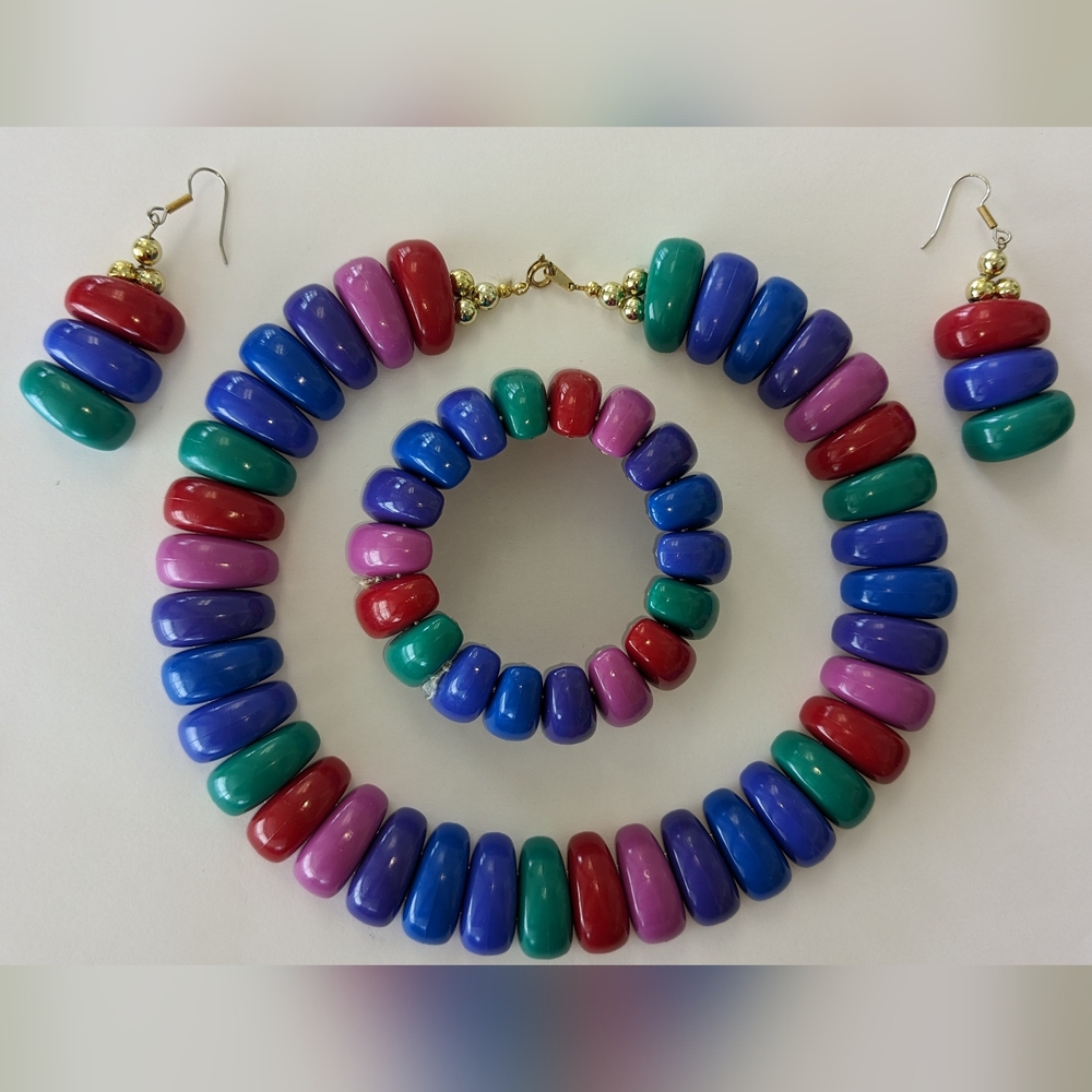 VTG 80's PLASTIC RETRO CHUNKY MATCHING NECKLACE EARRINGS & BRACELET